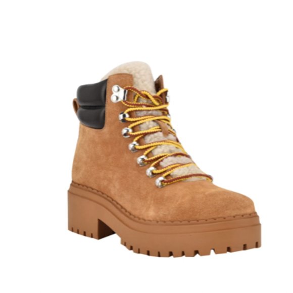NEW Marc Fisher Nairy Lace-Up Genuine Shearling Lug Sole Bootie - Picture 1 of 5